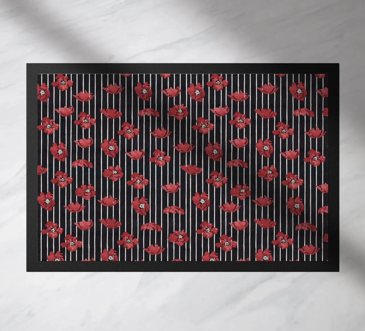 Red Floral Stripe Repeating Pattern Art Print doormat by NorwesClub