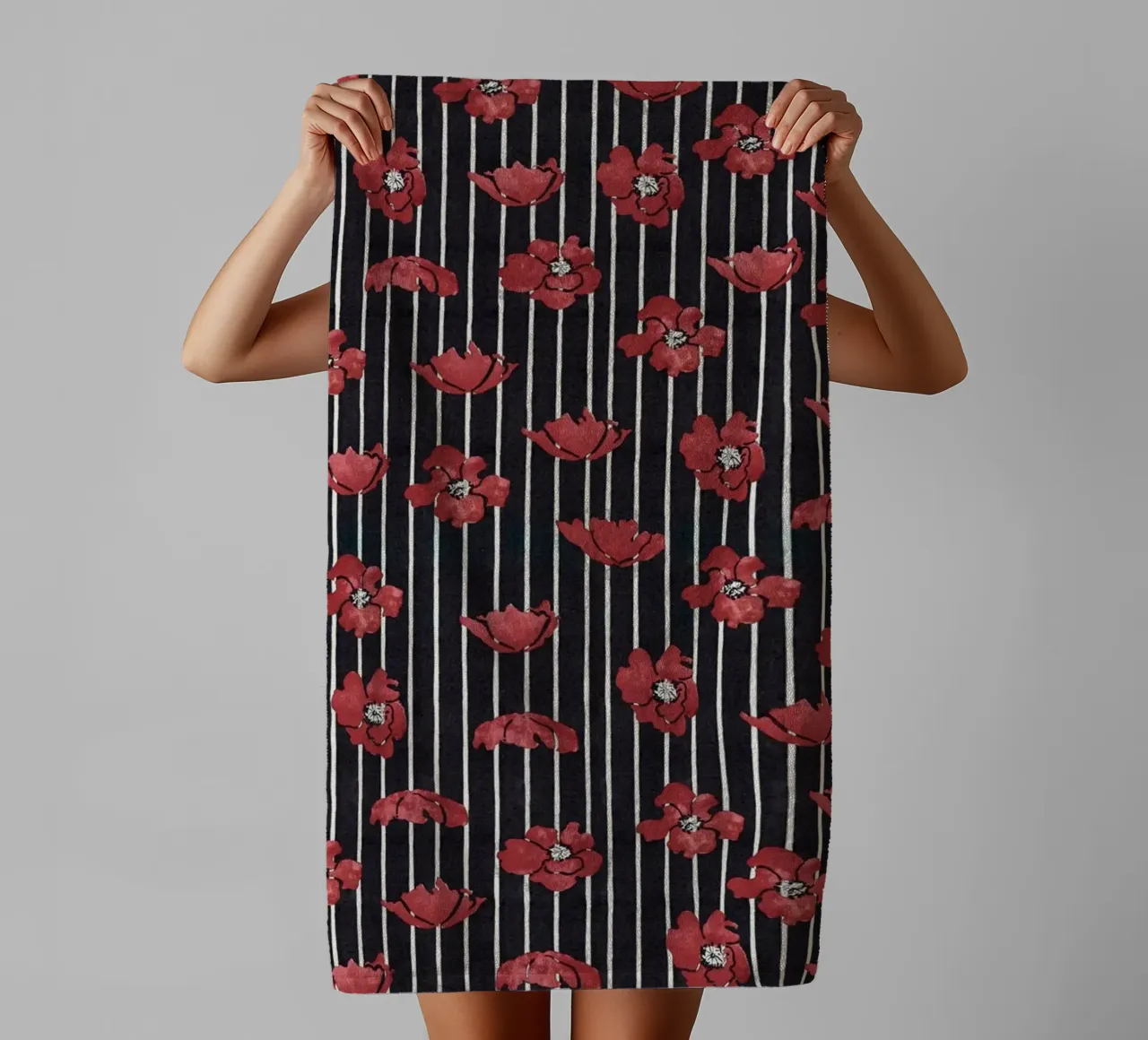 Red Floral Stripe Repeating Pattern Art Print towel by NorwesClub