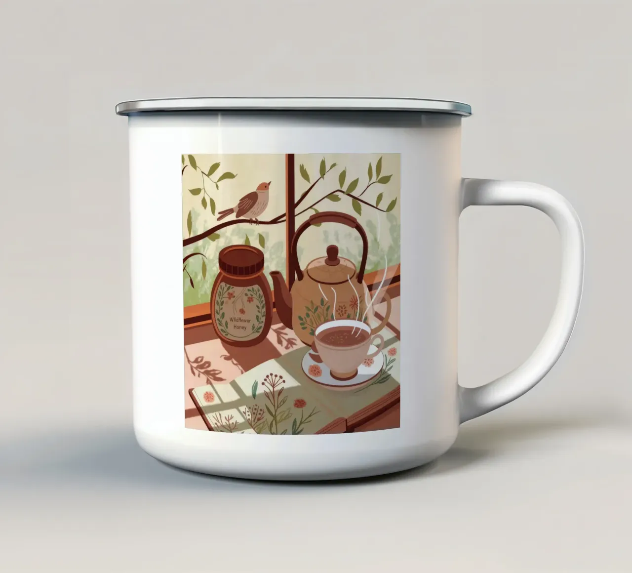 Serenidad a la hora del té taza de esmalte de Fine Sanctuary
