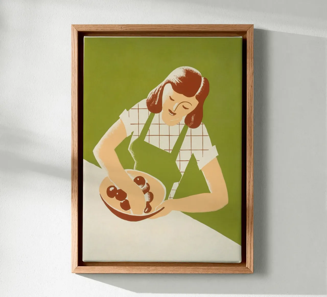 Retro-Illustration Frau Mixen Kochen Kunstdruck Leinwand mit Schattenfugenrahmen von NorwesClub
