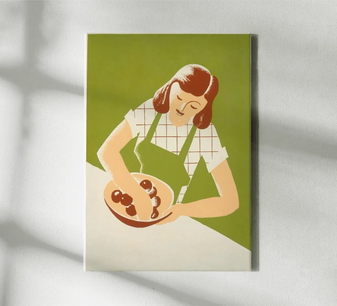 Retro-Illustration Frau Mixen Kochen Kunstdruck Leinwand mit Schattenfugenrahmen von NorwesClub