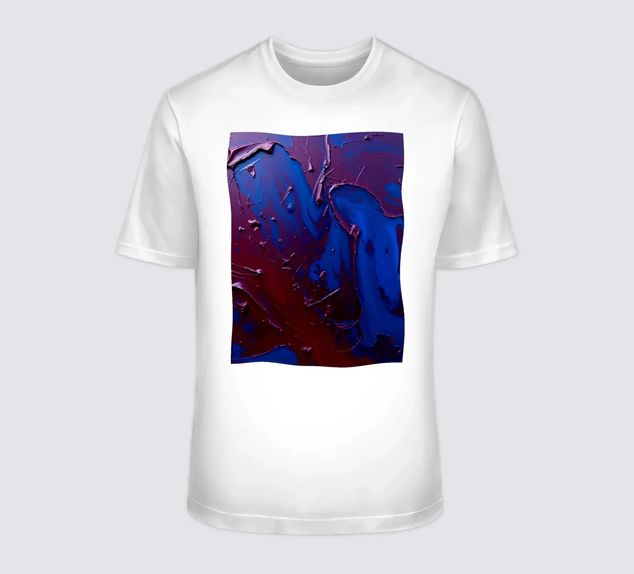 Abstract art piece with textured layers of blue and maroon t-shirt by DesignDoodle