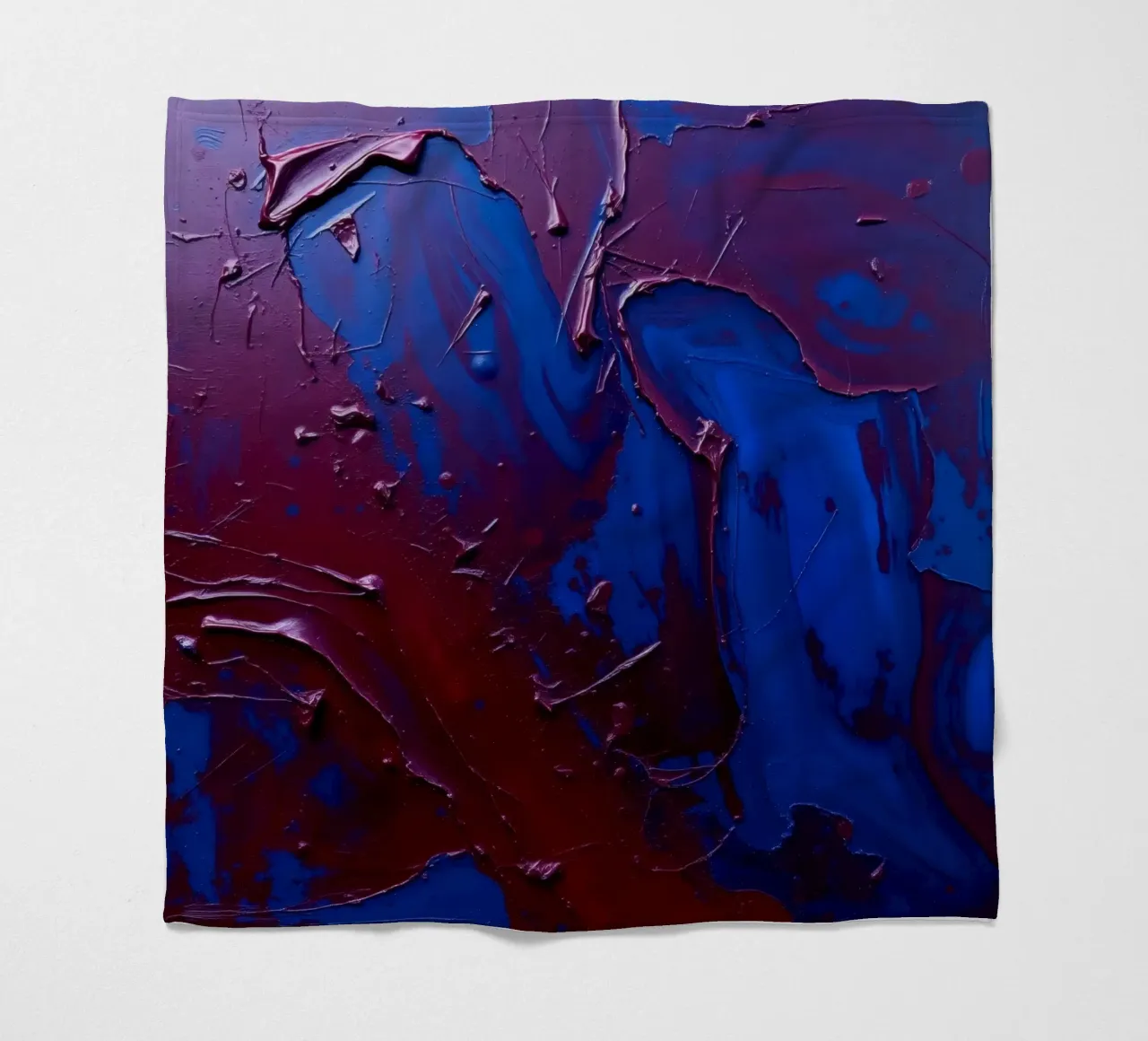 Abstract art piece with textured layers of blue and maroon fleece blanket by DesignDoodle