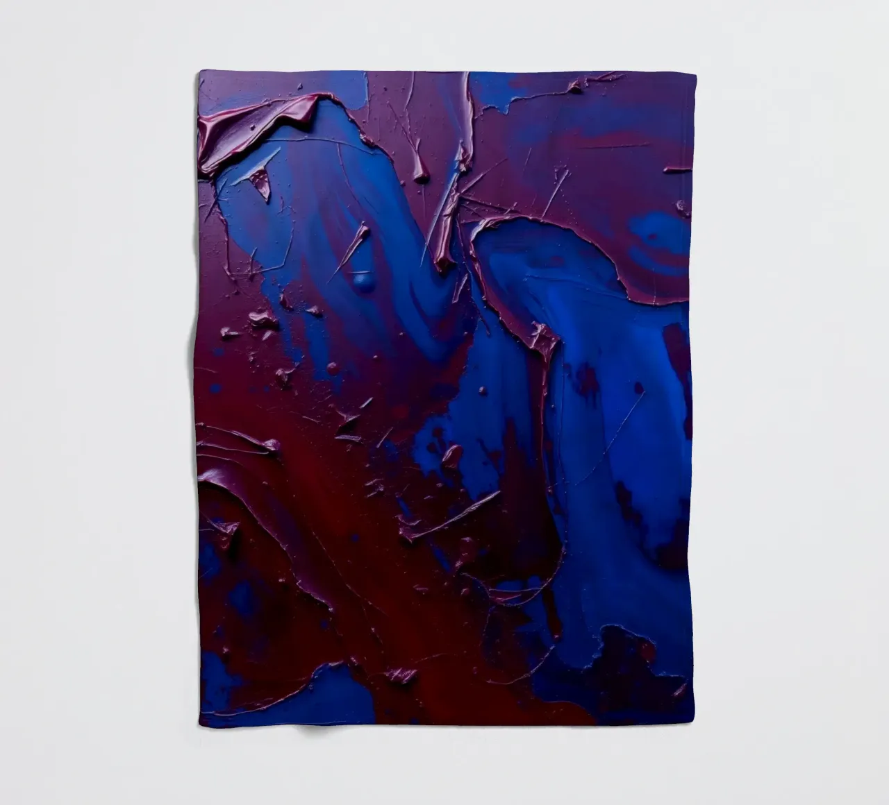 Abstract art piece with textured layers of blue and maroon fleece blanket by DesignDoodle