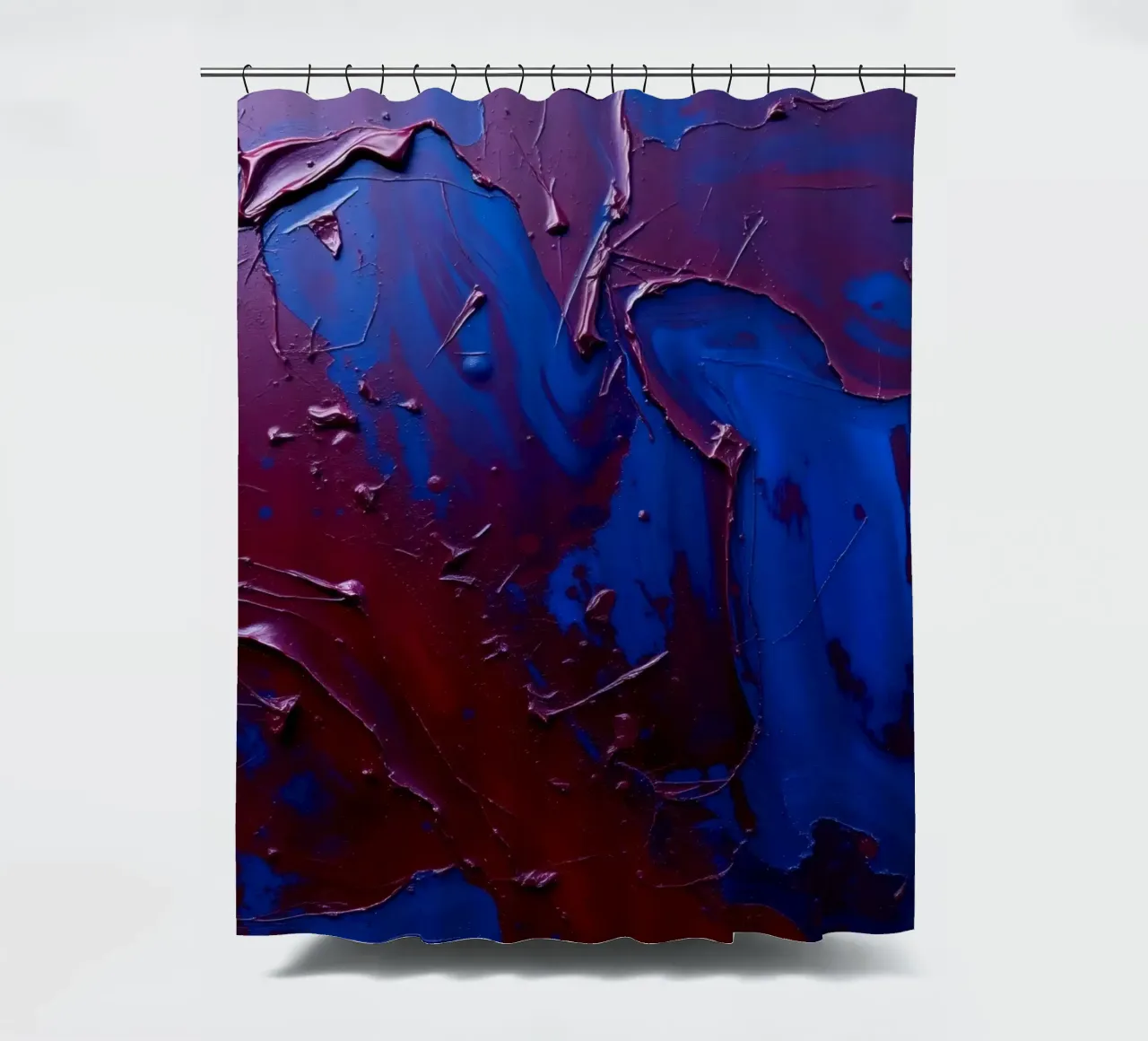 Abstract art piece with textured layers of blue and maroon shower curtain by DesignDoodle