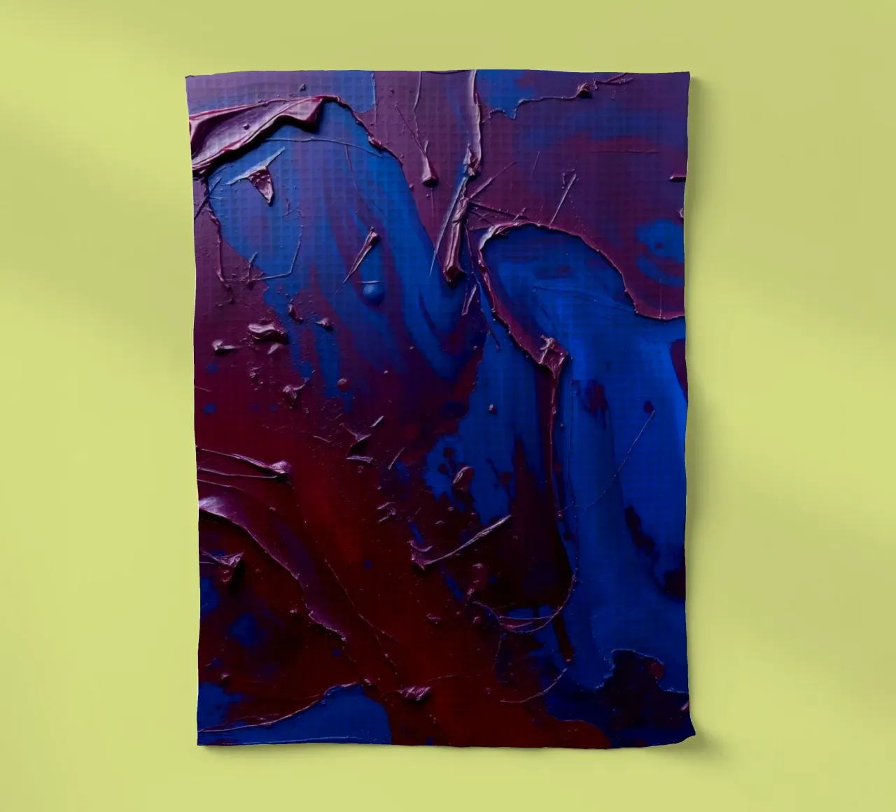 Abstract art piece with textured layers of blue and maroon tea towel by DesignDoodle