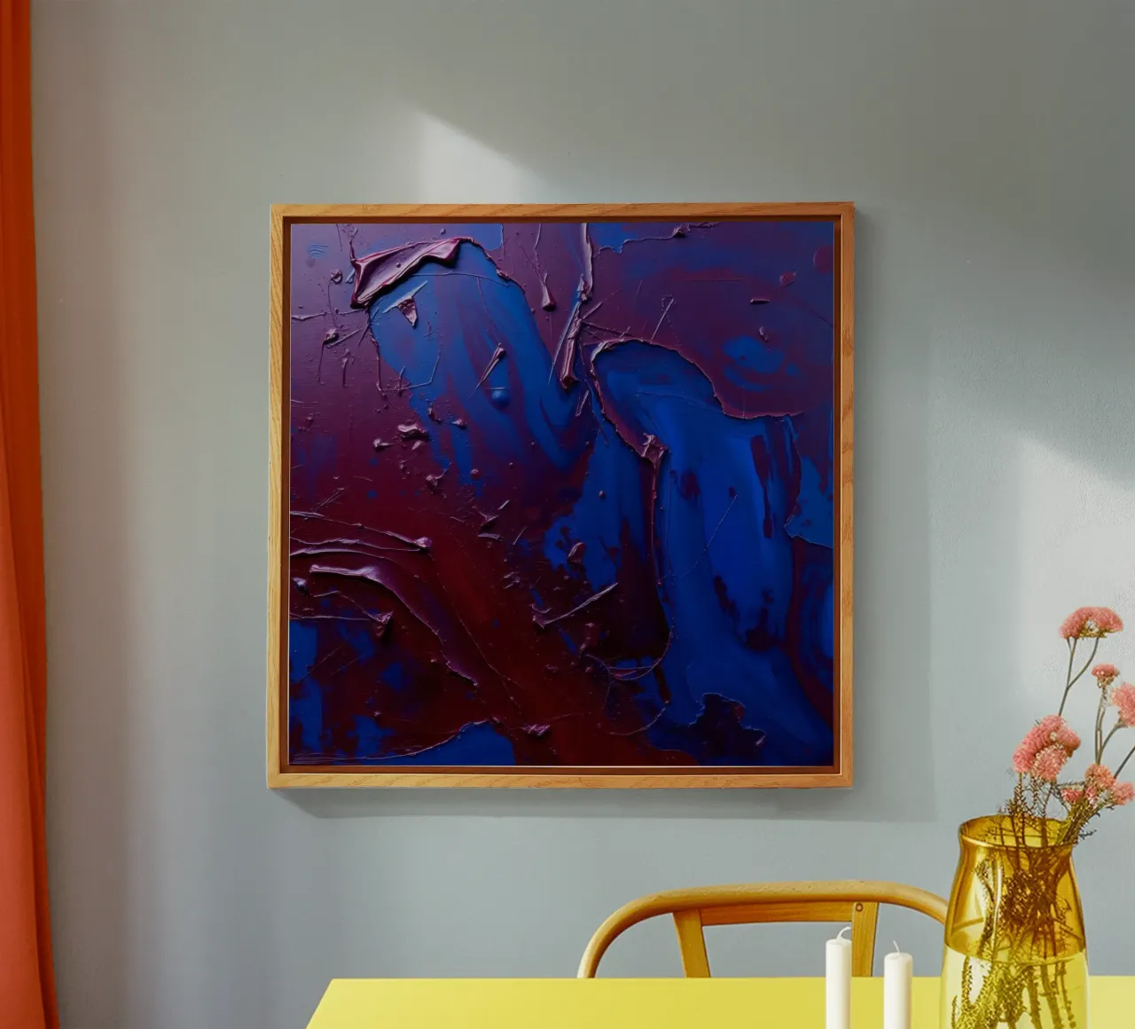 Abstract art piece with textured layers of blue and maroon acrylic glass by DesignDoodle