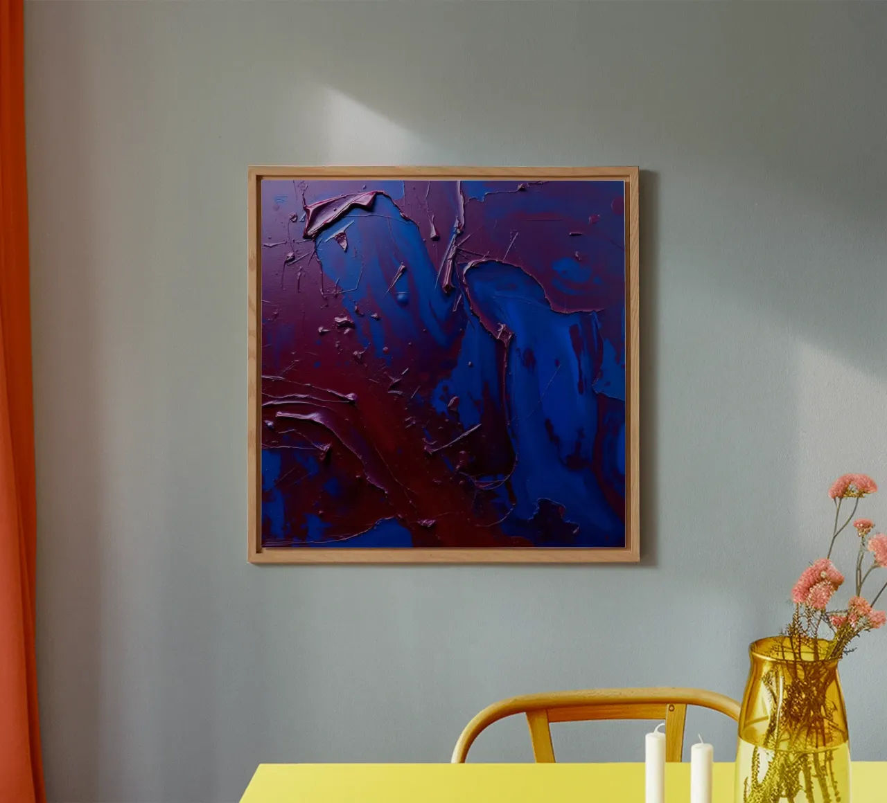 Abstract art piece with textured layers of blue and maroon alu-dibond by DesignDoodle