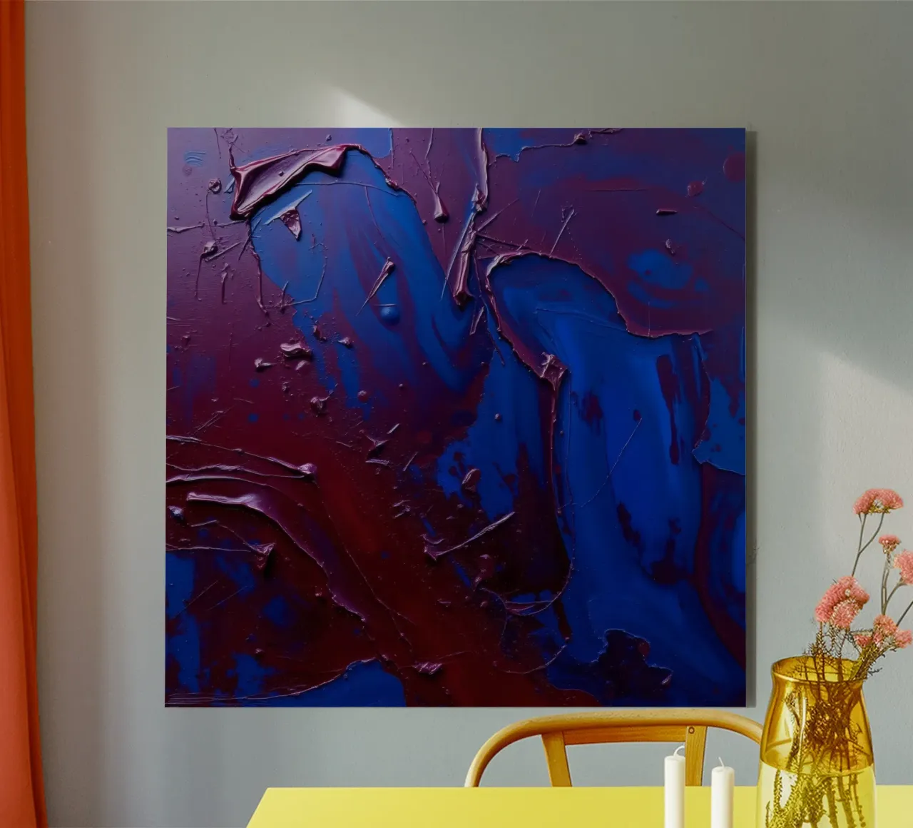 Abstract art piece with textured layers of blue and maroon alu-dibond by DesignDoodle