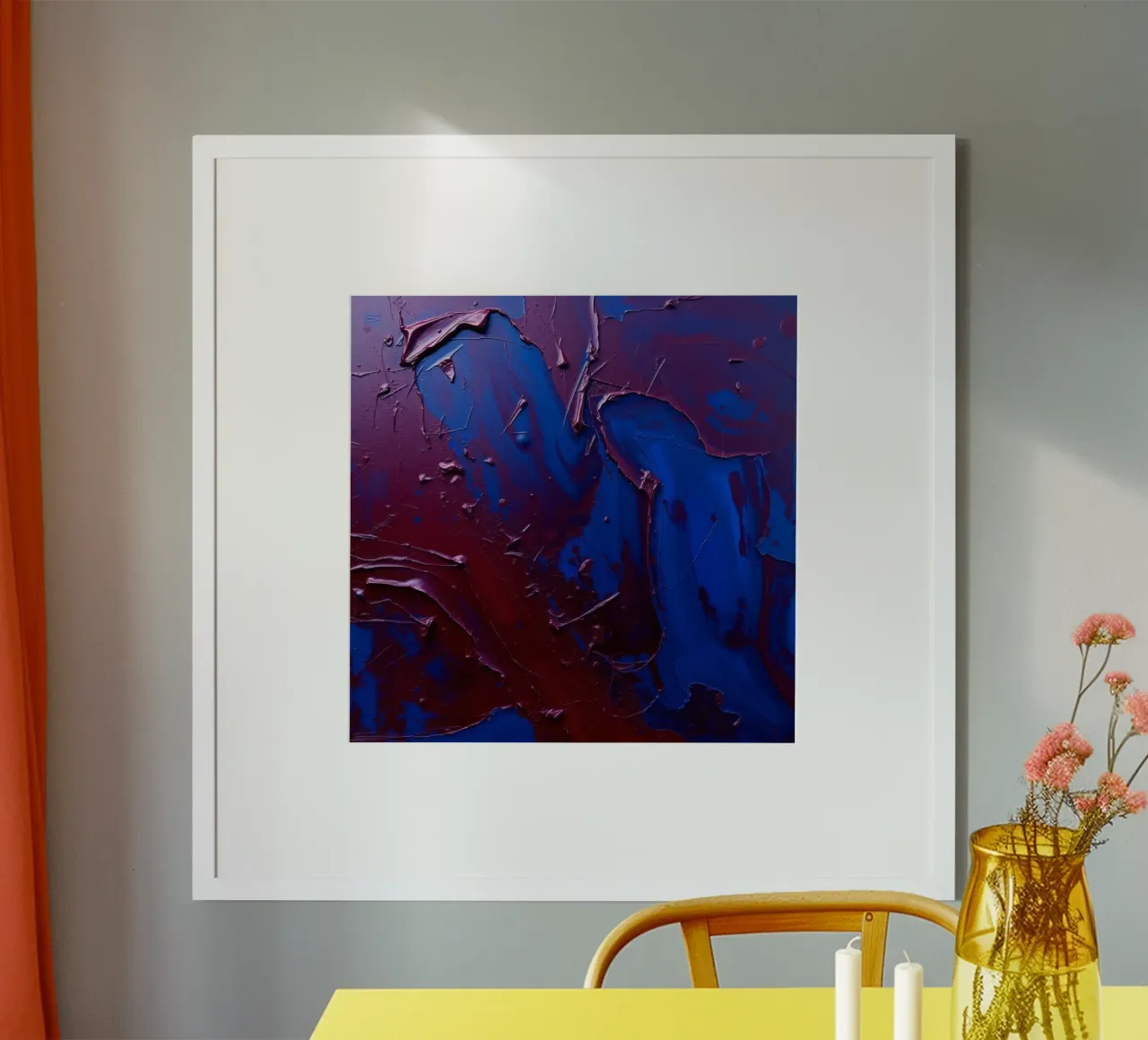Abstract art piece with textured layers of blue and maroon hahnemühle by DesignDoodle