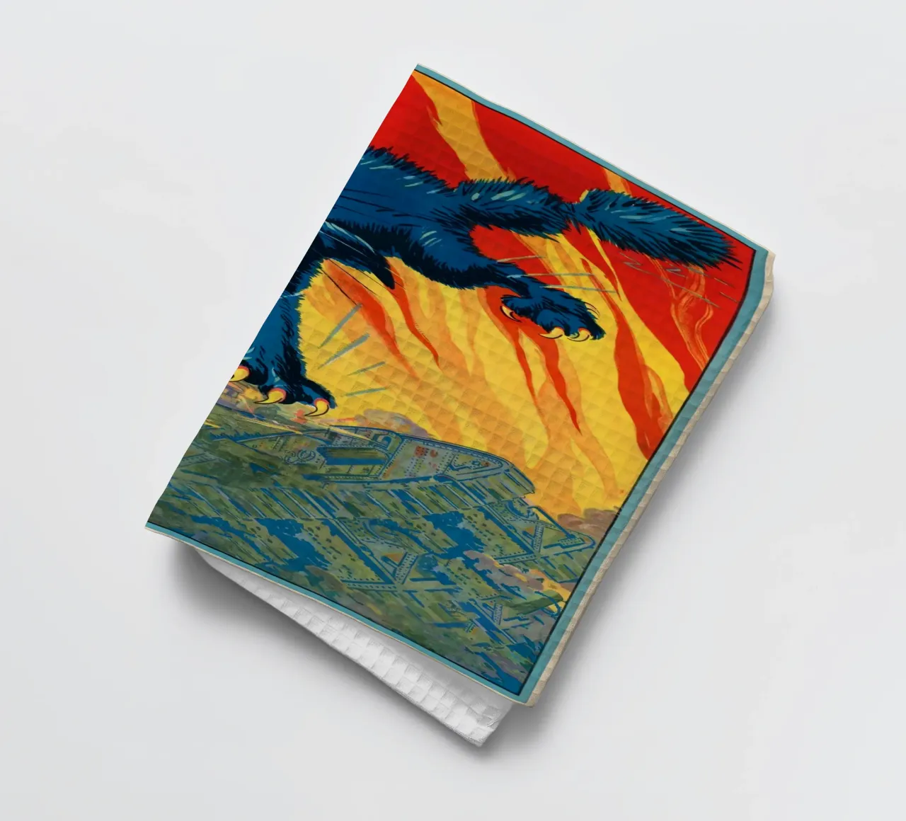 Giant Cat Monster Leaping Dynamic Illustration Print tea towel by NorwesClub