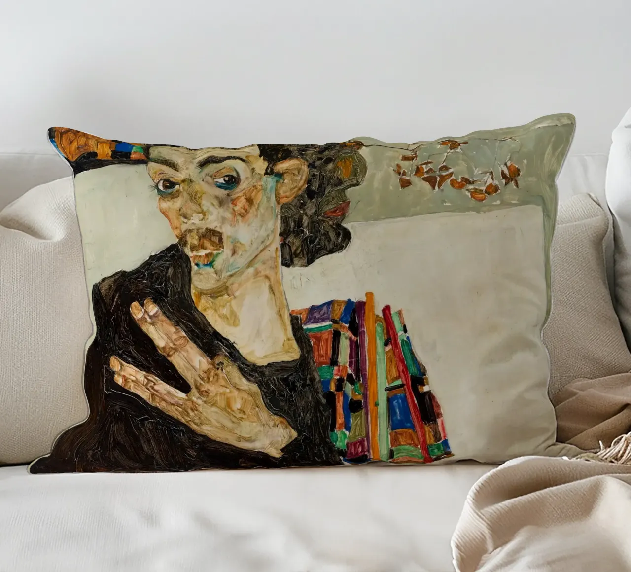 Egon Schiele Self-Portrait Expressionist Art Print decorative cushion by NorwesClub