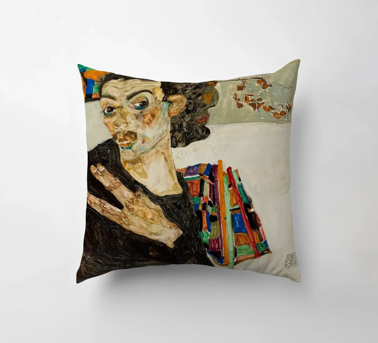 Egon Schiele Self-Portrait Expressionist Art Print decorative cushion by NorwesClub