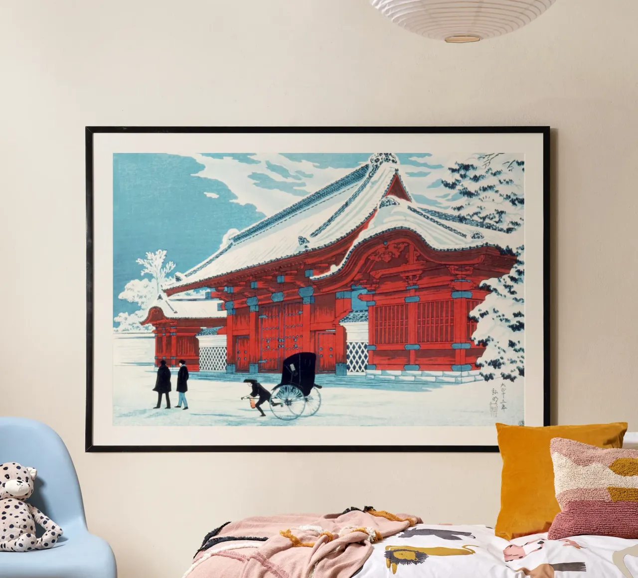 Hiroaki Takahashi Red Gate Hongo Shin-hanga Snow Print Poster mit Holzrahmen von NorwesClub