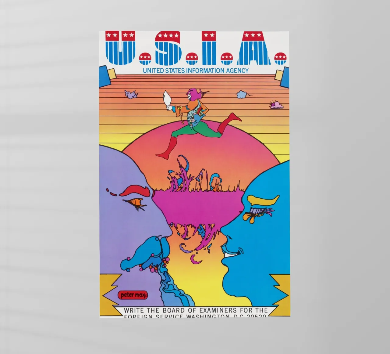 Poster psichedelico Peter Max USIA Foreign Service pellicola backlit da NorwesClub