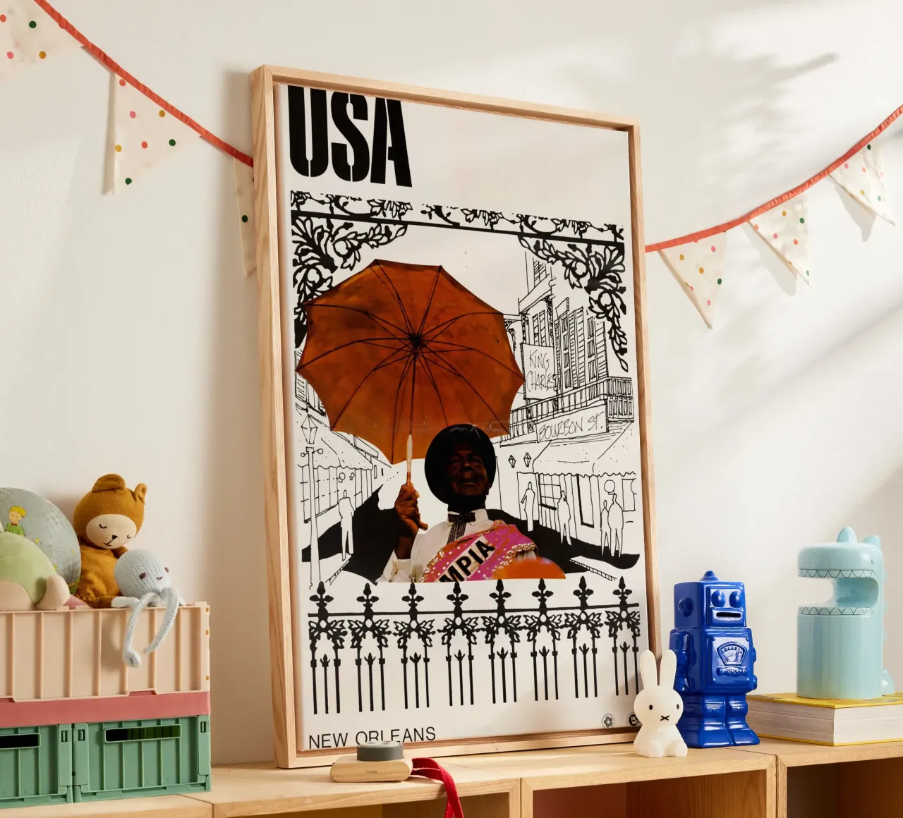New Orleans Man met paraplu Bourbon St Poster Print canvas met Baklijst van NorwesClub