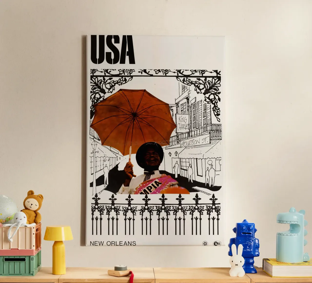 New Orleans Man met paraplu Bourbon St Poster Print canvas met Baklijst van NorwesClub