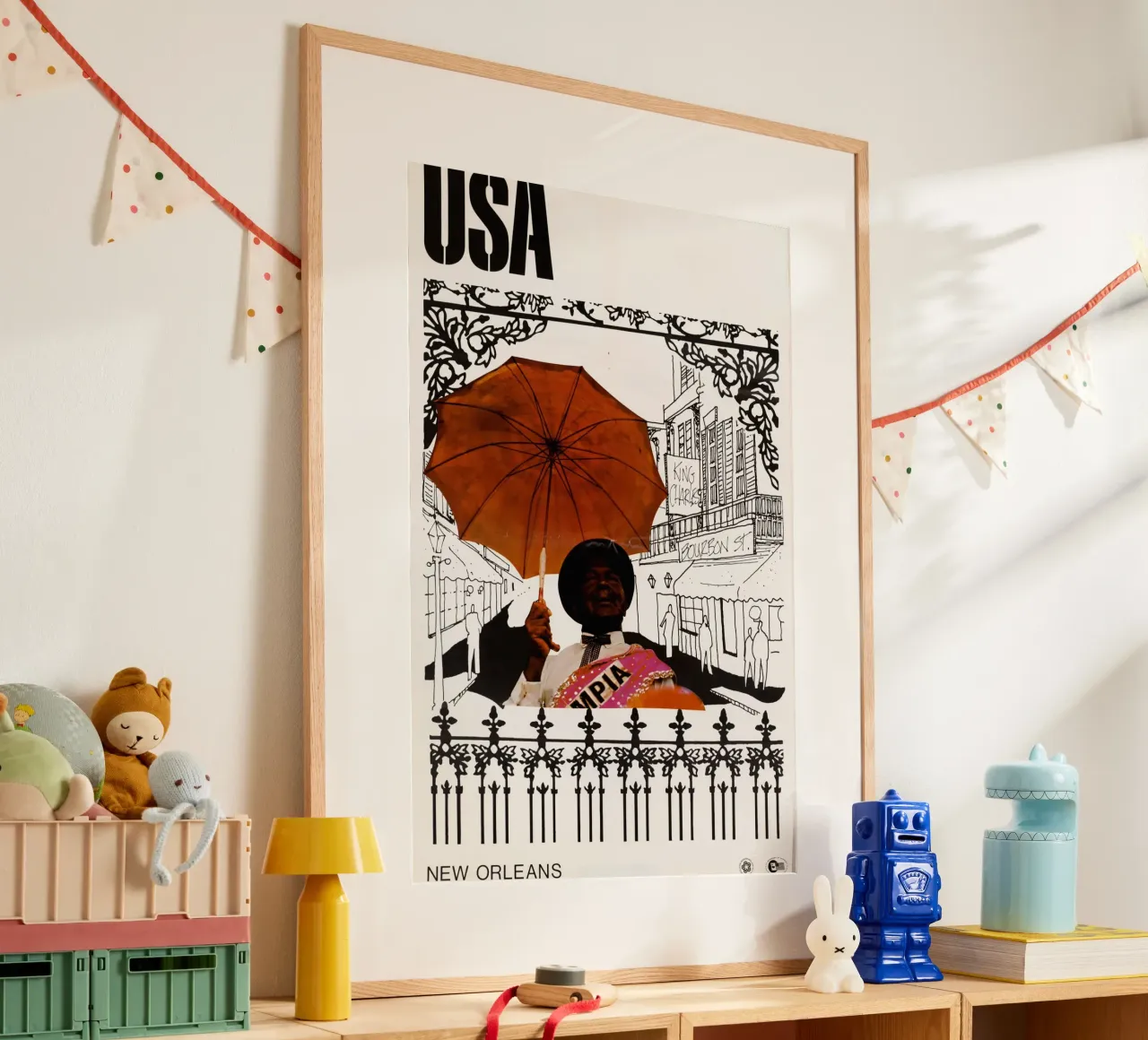New Orleans Uomo con ombrello Bourbon St Poster Print poster con telaio in alluminio da NorwesClub