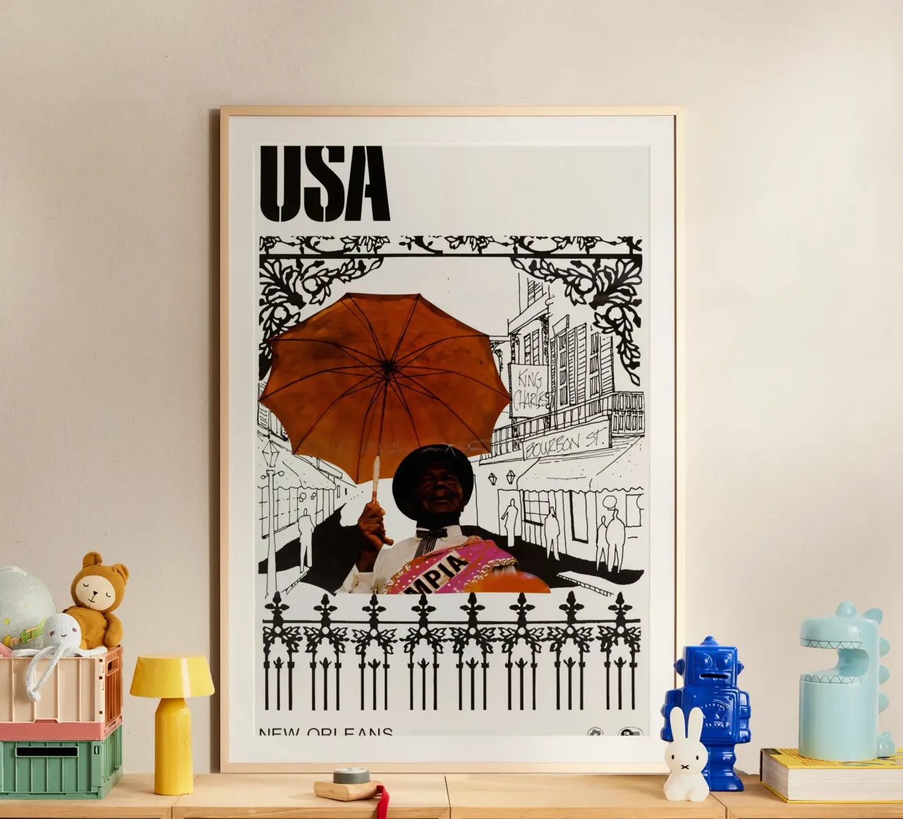 New Orleans Uomo con ombrello Bourbon St Poster Print poster con telaio in alluminio da NorwesClub