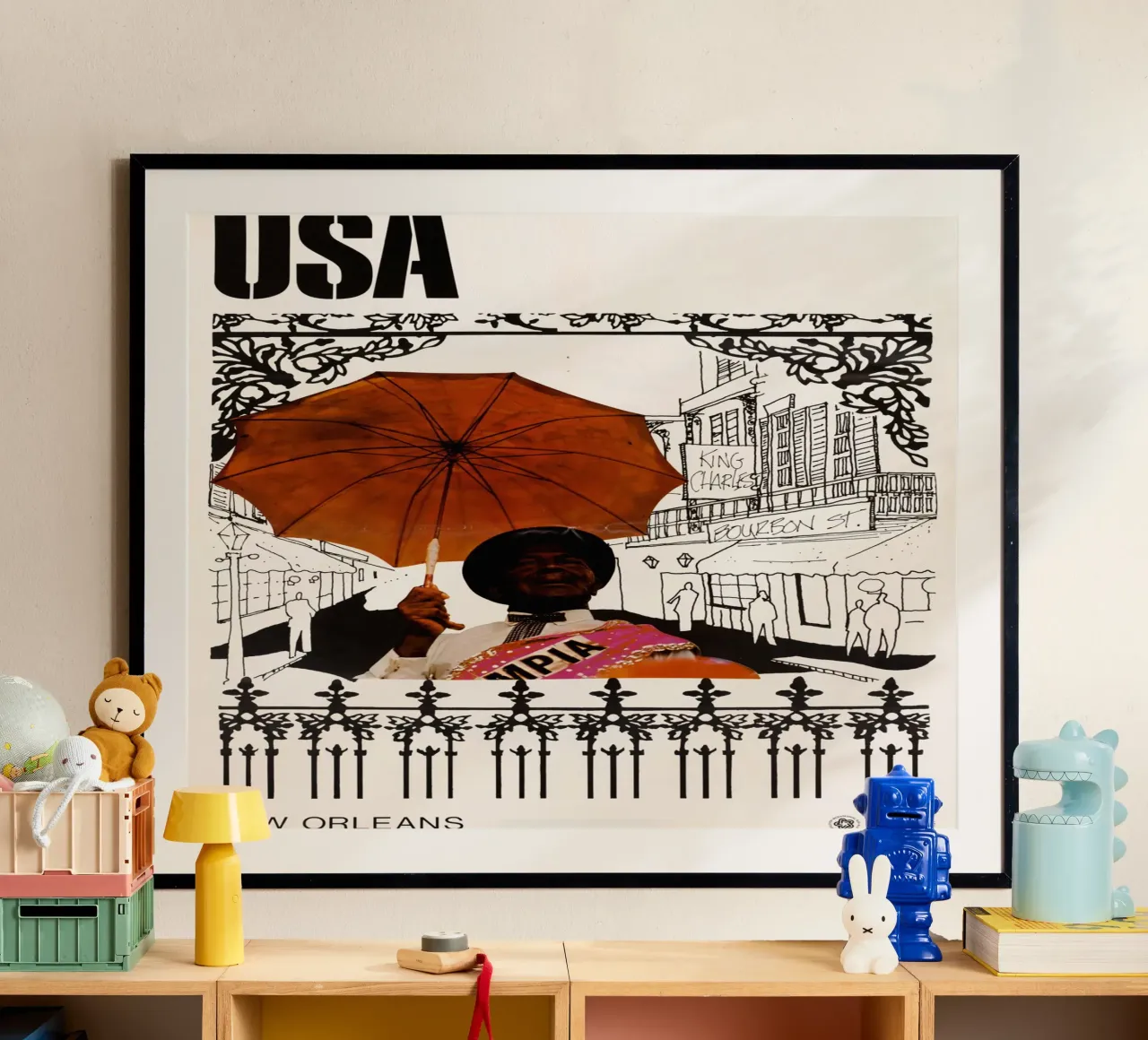 New Orleans Uomo con ombrello Bourbon St Poster Print poster con telaio in alluminio da NorwesClub