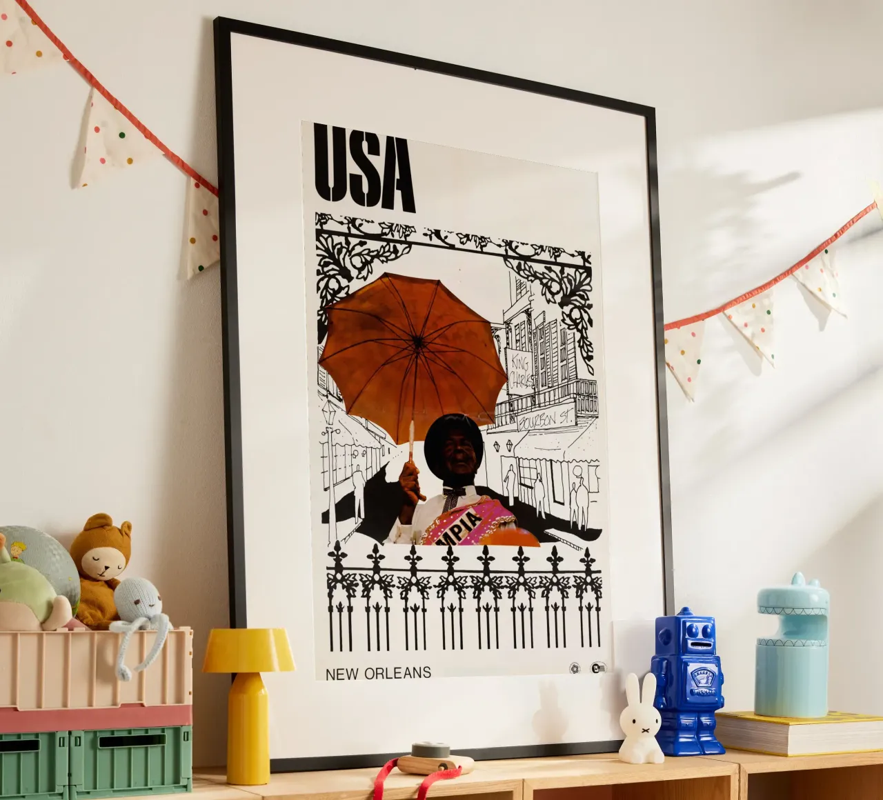 New Orleans Uomo con ombrello Bourbon St Poster Print poster con telaio in alluminio da NorwesClub