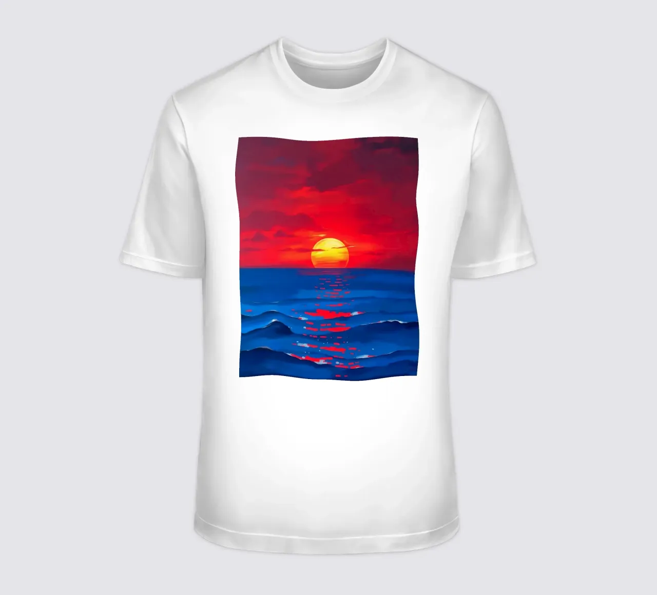 Vibrant sunset over calm ocean waves creating a serene t-shirt by DesignDoodle
