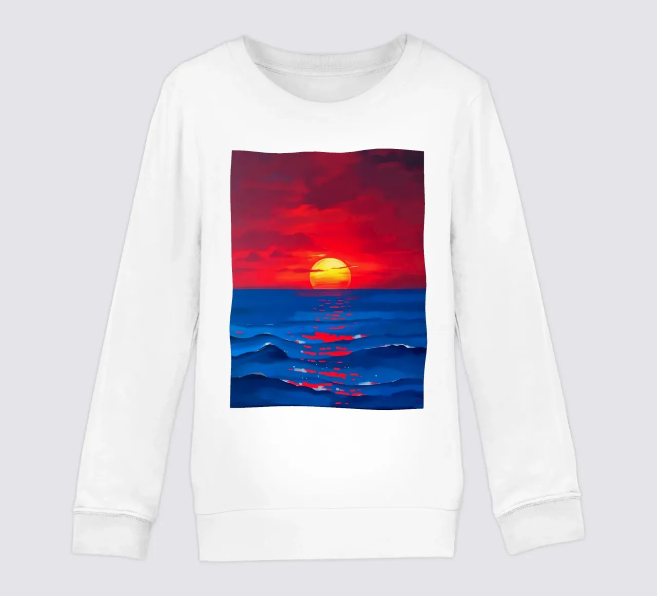 Vibrant sunset over calm ocean waves creating a serene kids sweatshirt by DesignDoodle