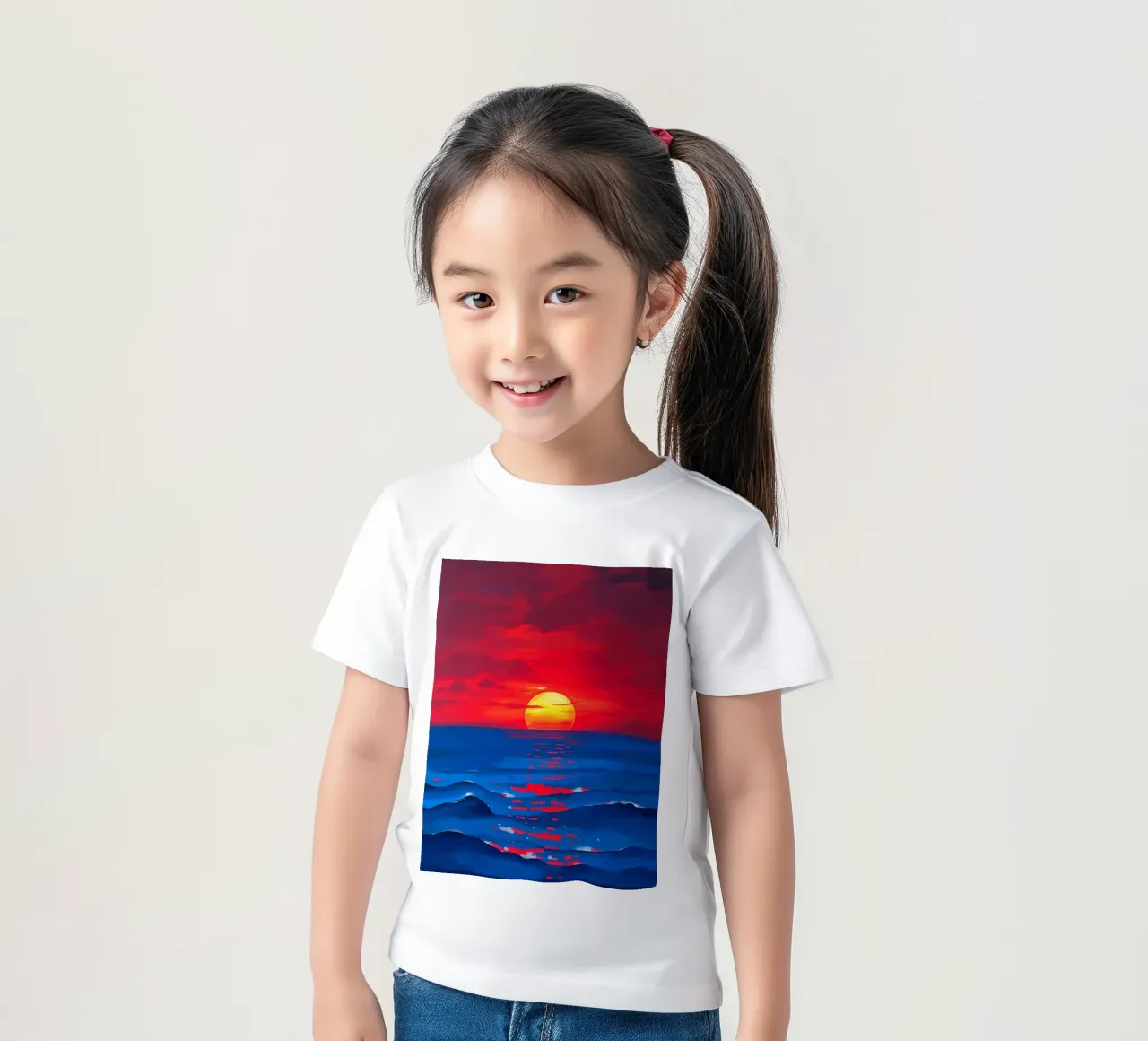 Vibrant sunset over calm ocean waves creating a serene kids t-shirt by DesignDoodle