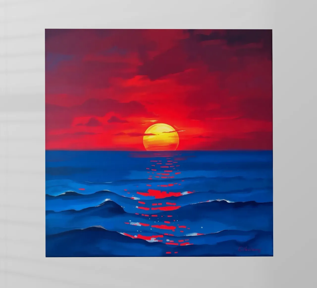 Vibrant sunset over calm ocean waves creating a serene backlit film by DesignDoodle