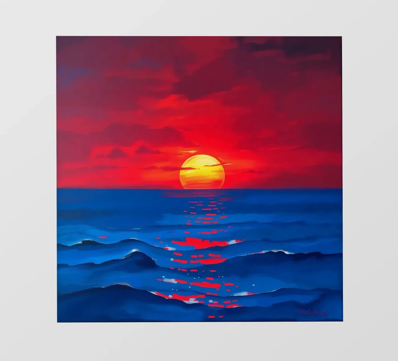 Vibrant sunset over calm ocean waves creating a serene backlit film by DesignDoodle
