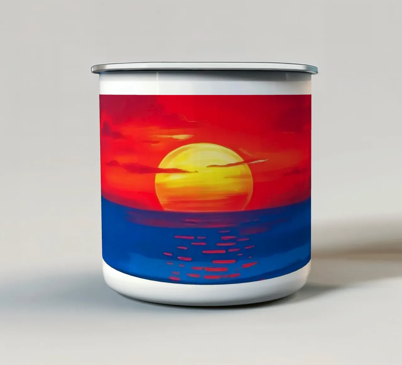 Vibrant sunset over calm ocean waves creating a serene enamel mug by DesignDoodle