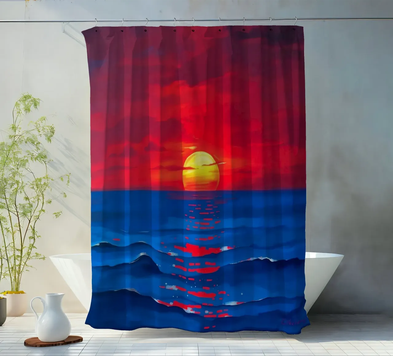 Vibrant sunset over calm ocean waves creating a serene shower curtain by DesignDoodle