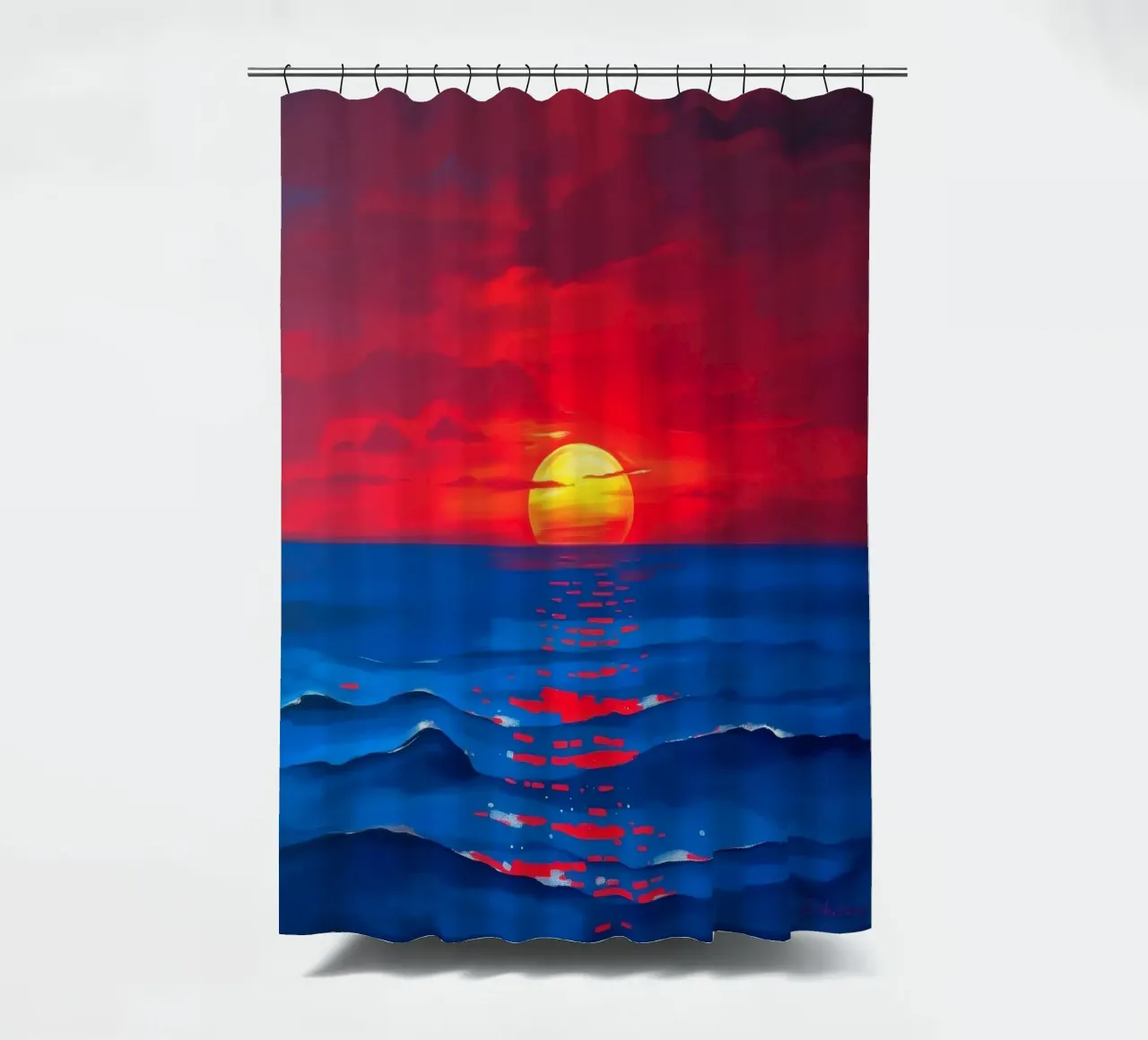Vibrant sunset over calm ocean waves creating a serene shower curtain by DesignDoodle