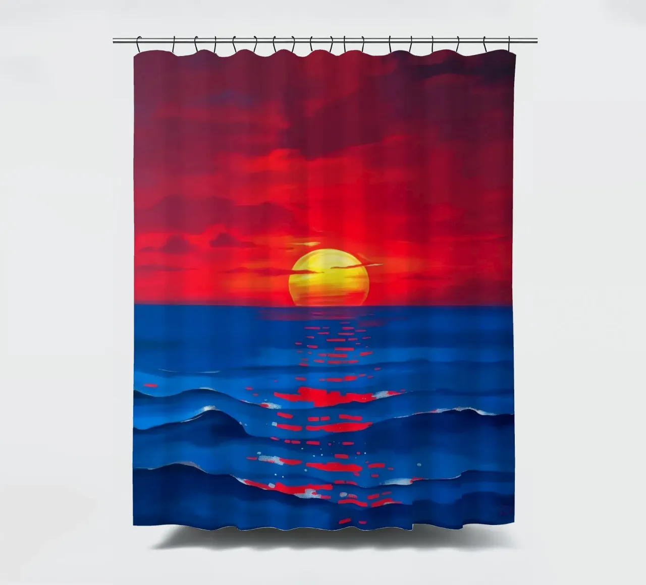 Vibrant sunset over calm ocean waves creating a serene shower curtain by DesignDoodle