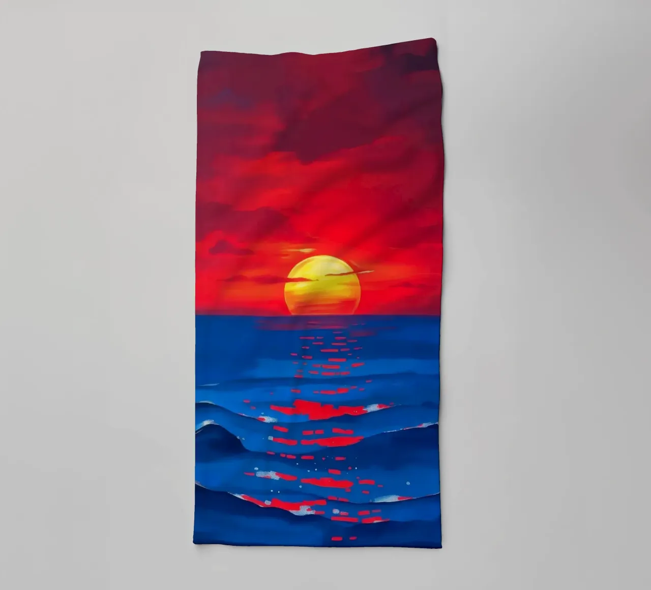 Vibrant sunset over calm ocean waves creating a serene towel by DesignDoodle