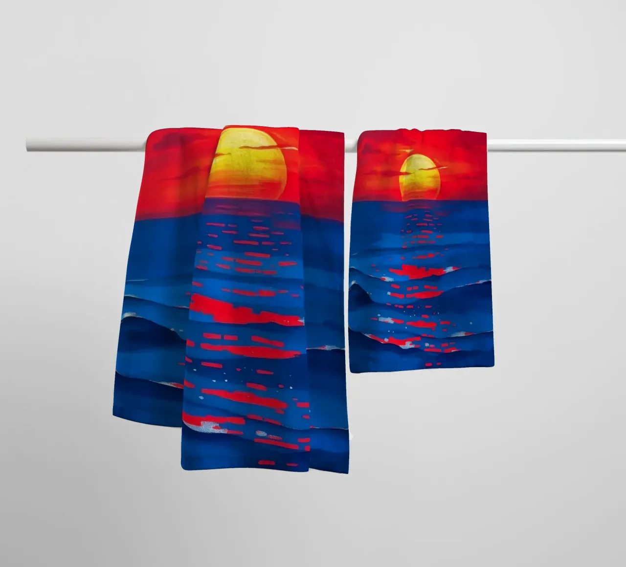 Vibrant sunset over calm ocean waves creating a serene towel by DesignDoodle