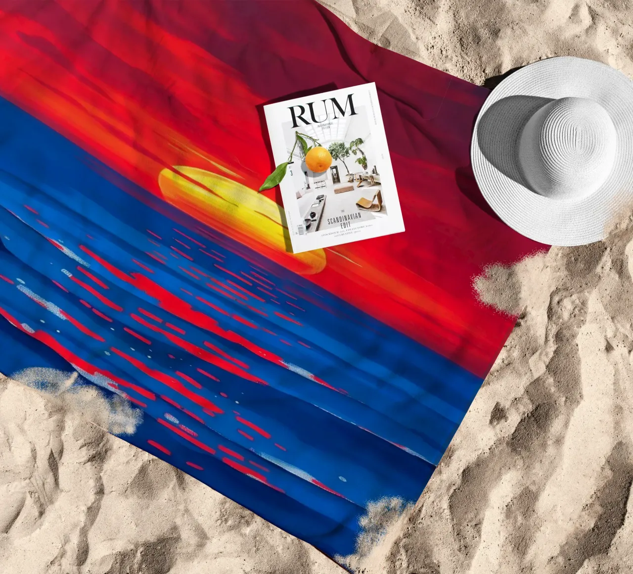 Vibrant sunset over calm ocean waves creating a serene beach towel by DesignDoodle
