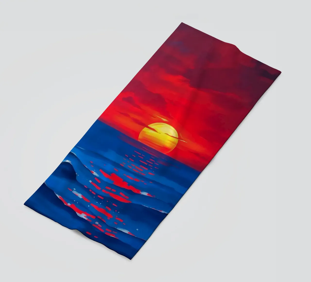Vibrant sunset over calm ocean waves creating a serene beach towel by DesignDoodle