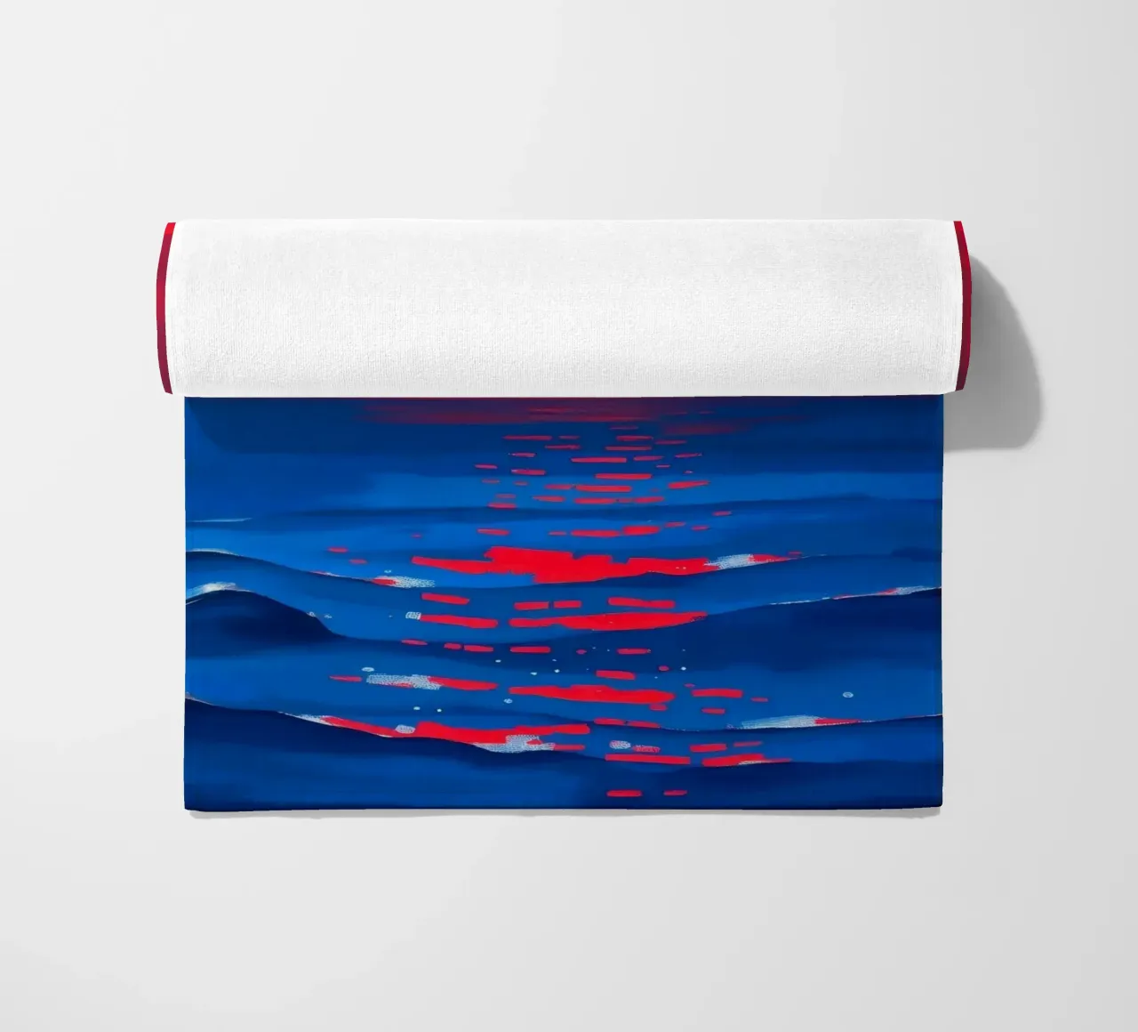 Vibrant sunset over calm ocean waves creating a serene beach towel by DesignDoodle