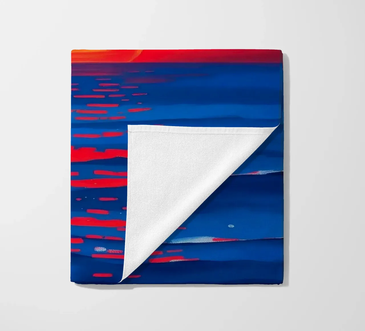 Vibrant sunset over calm ocean waves creating a serene beach towel by DesignDoodle