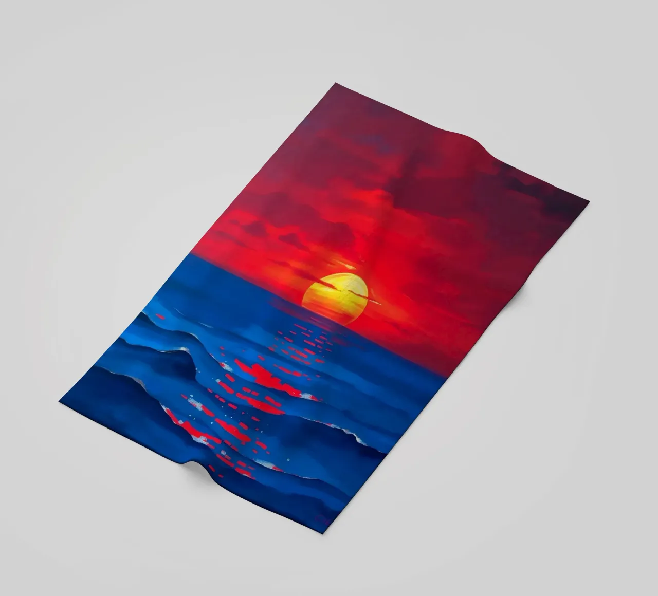 Vibrant sunset over calm ocean waves creating a serene beach towel by DesignDoodle