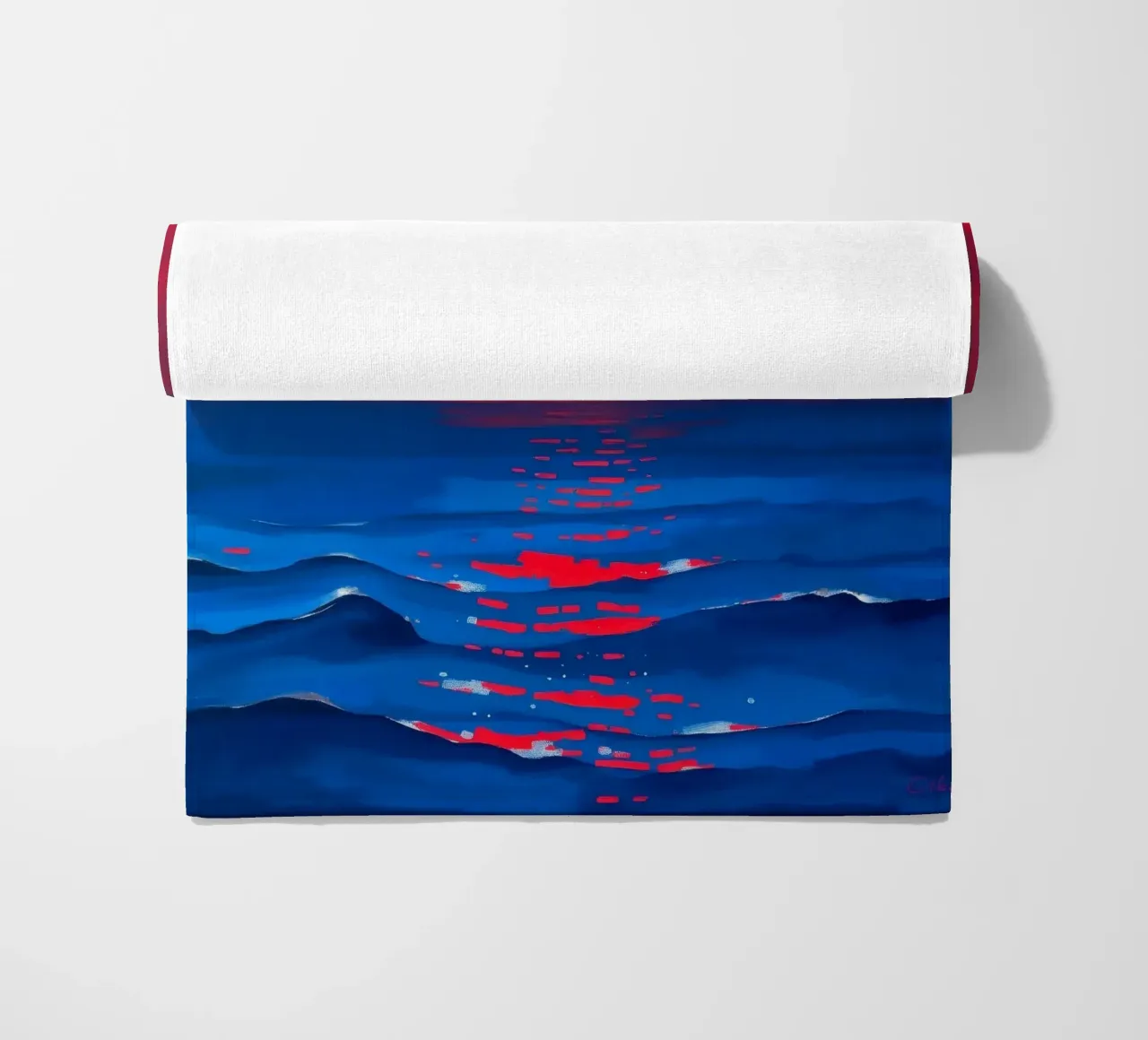 Vibrant sunset over calm ocean waves creating a serene beach towel by DesignDoodle