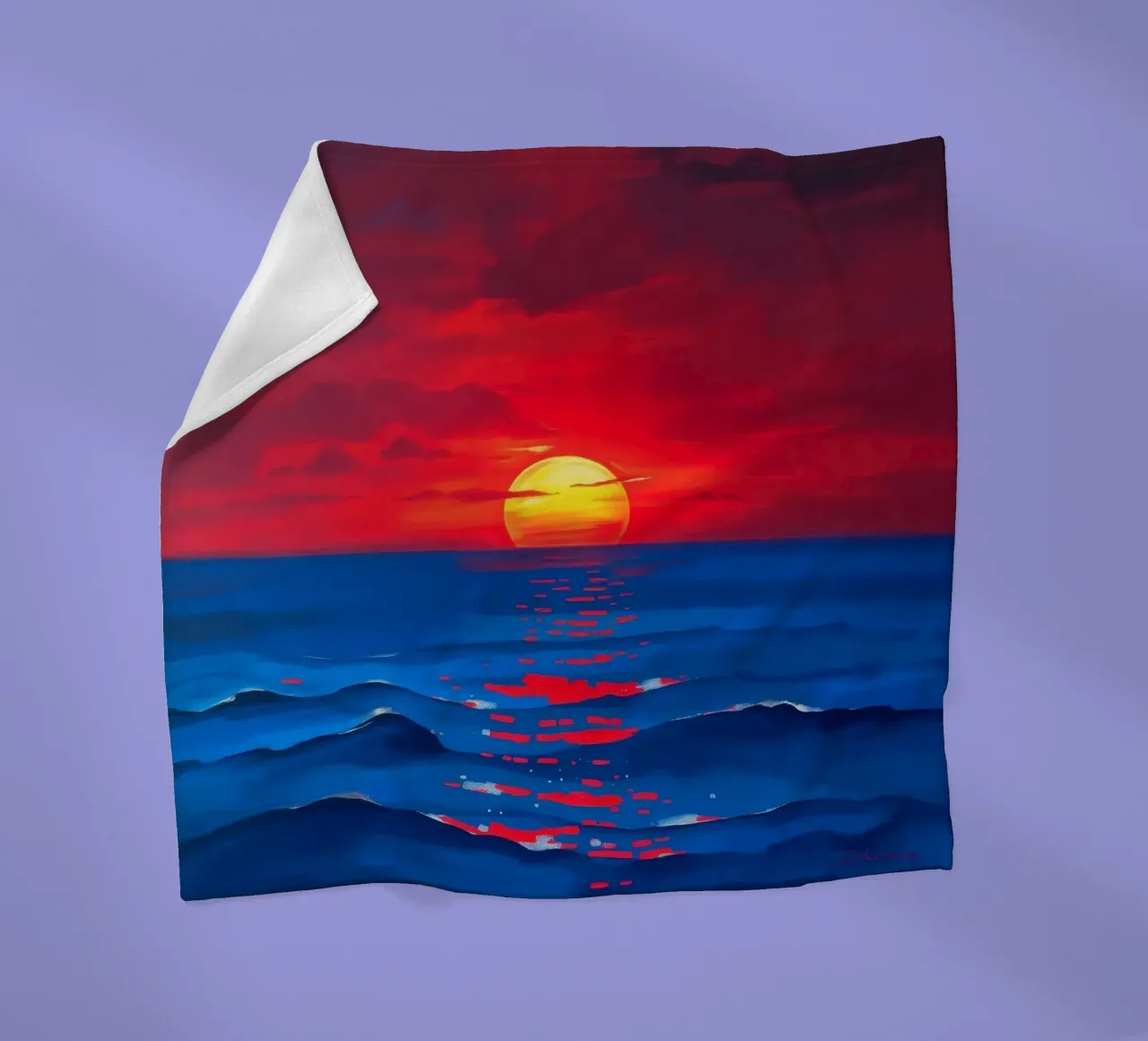 Vibrant sunset over calm ocean waves creating a serene fleece blanket by DesignDoodle