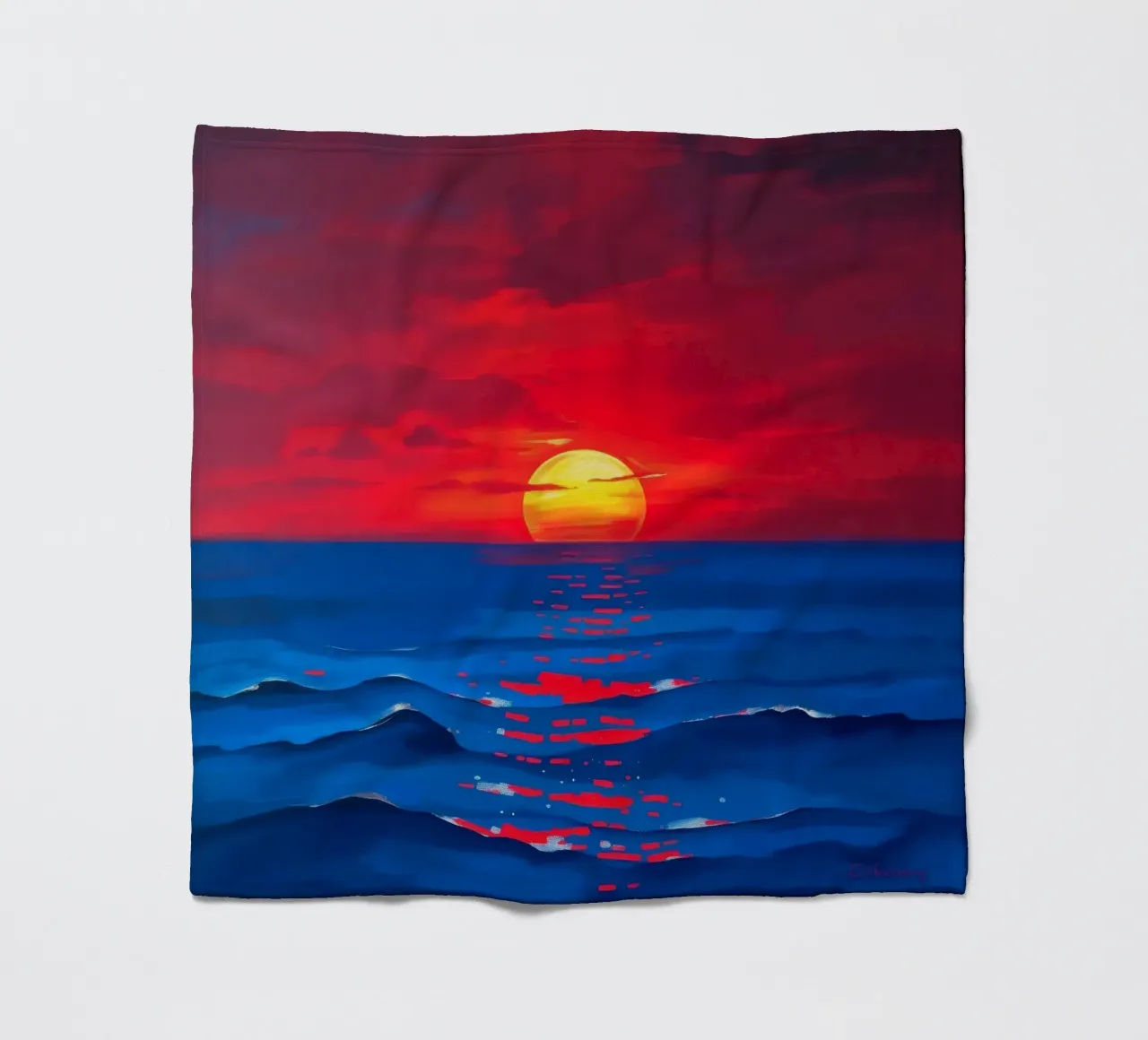 Vibrant sunset over calm ocean waves creating a serene fleece blanket by DesignDoodle