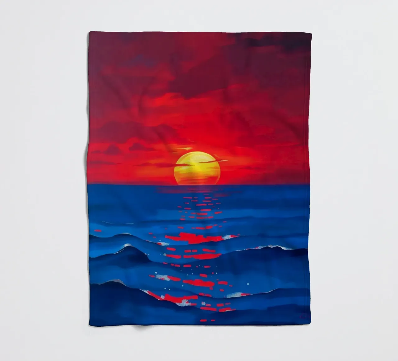 Vibrant sunset over calm ocean waves creating a serene fleece blanket by DesignDoodle