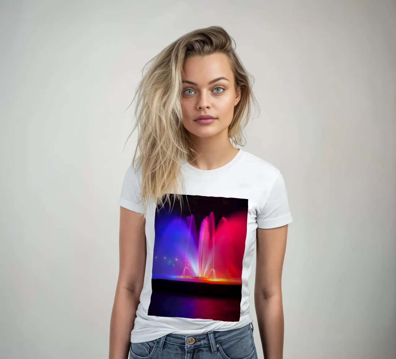 Colorful fountain display lights up the night with vibrant women's fitted t-shirt by DesignDoodle