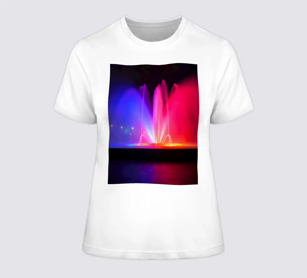 Colorful fountain display lights up the night with vibrant women's fitted t-shirt by DesignDoodle