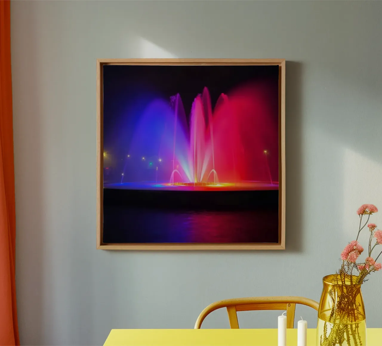 Kleurrijke fonteinenshow verlicht de nacht met levendige canvas met Baklijst van DesignDoodle