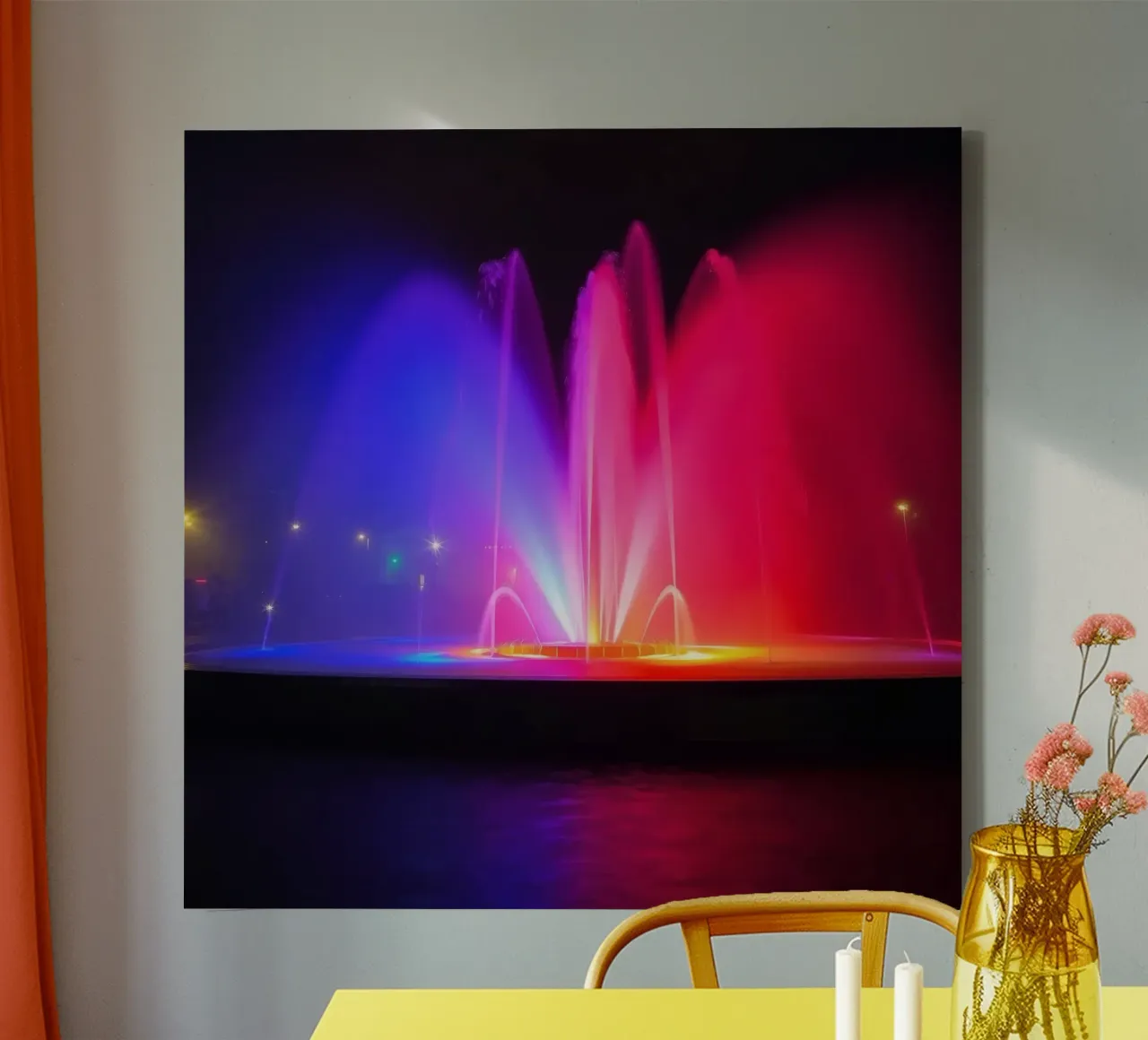 Kleurrijke fonteinenshow verlicht de nacht met levendige canvas met Baklijst van DesignDoodle