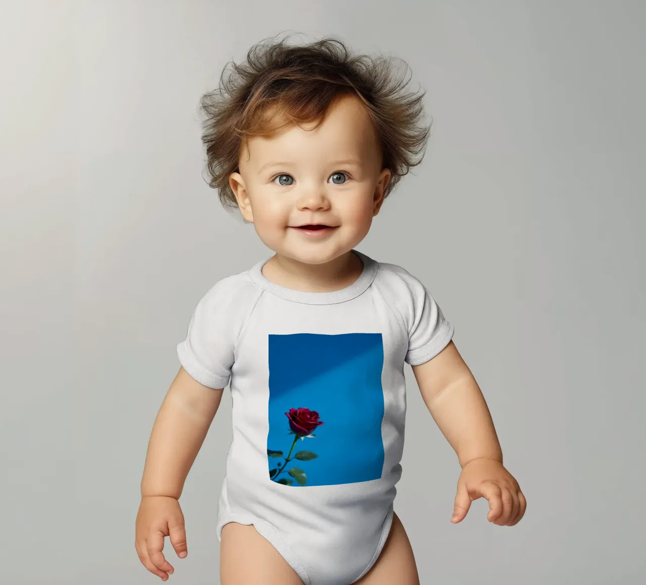 Une rose rouge vif s'épanouit sur un fond bleu vif. body bébé de DesignDoodle